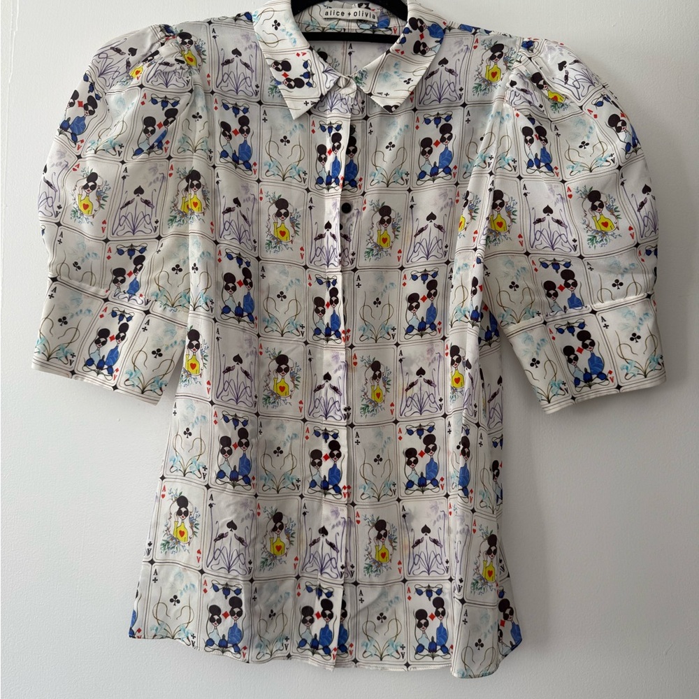 Alice + Olivia Queen of Hearts Multicolor Patterned Blouse NWOT